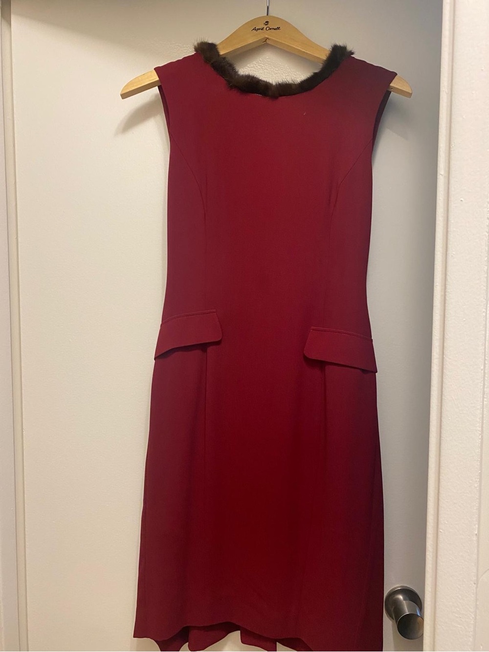 Twin-Set Burgundy Sleeveless Sheath Dress with Mink Fur-Trim Neckline